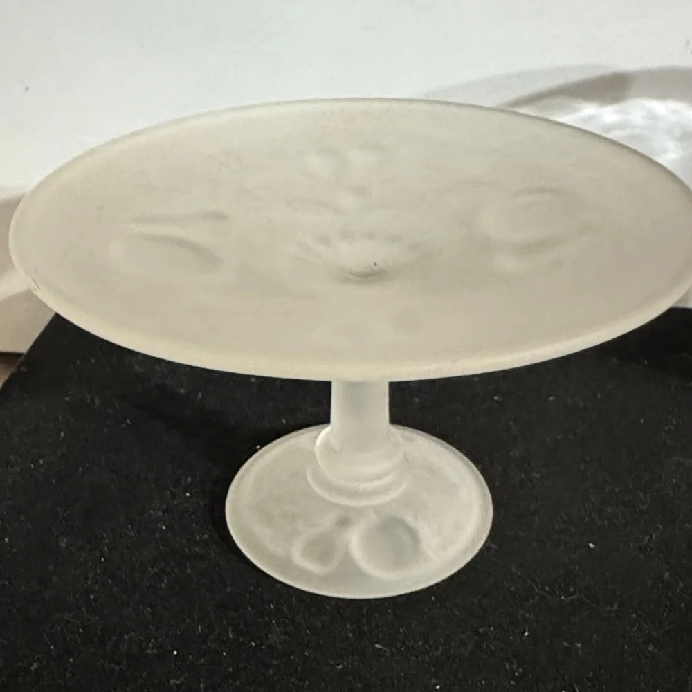 Elegant Frosted Glass Pedestal Cake Stand with press fruit patterns in glass